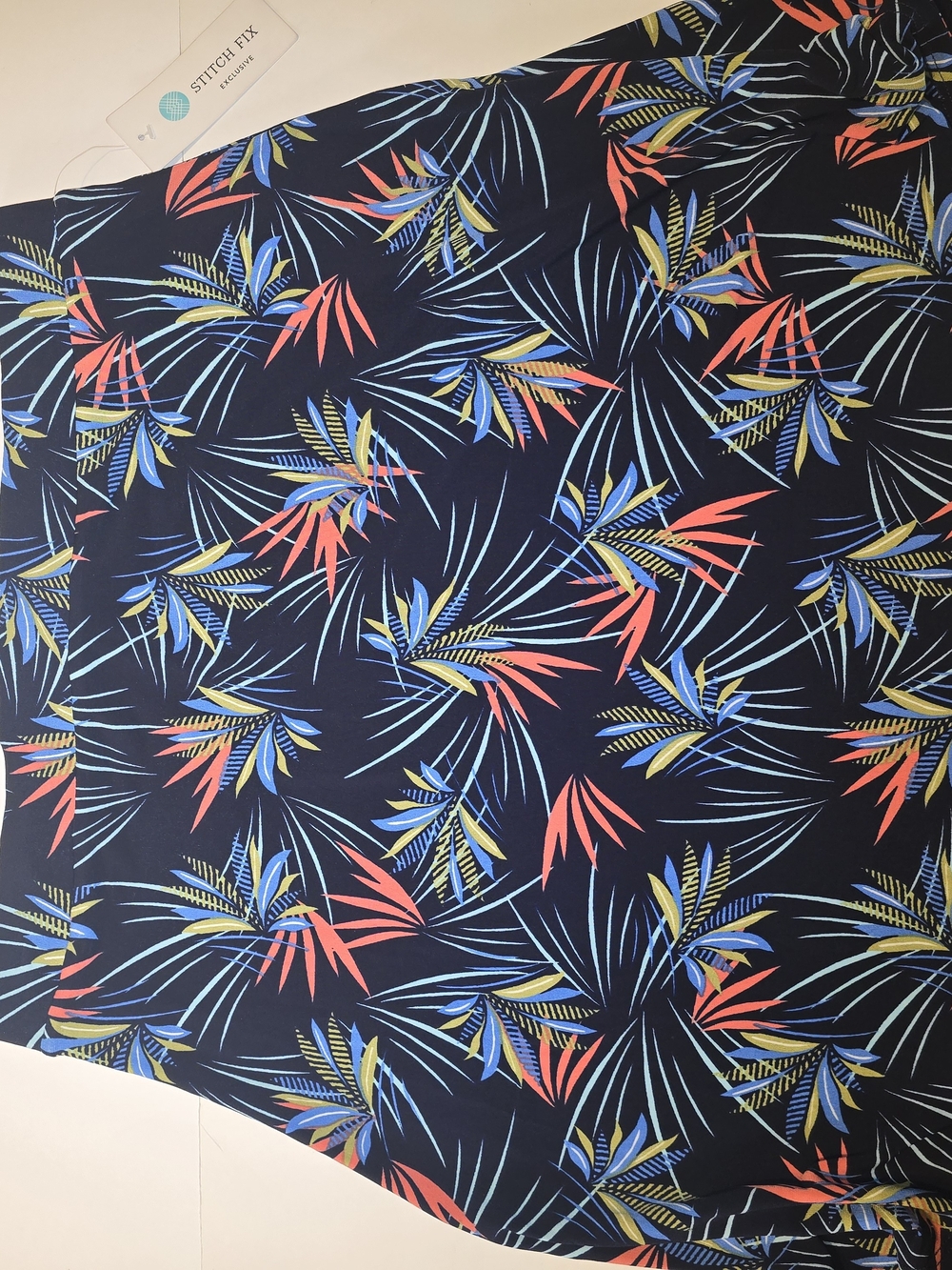 Leota Navy Tropical Print Skirt with Coral and Blue Leaves